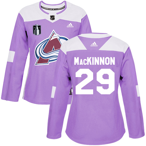 Adidas Colorado Avalanche #29 Nathan MacKinnon Purple Women’s 2022 Stanley Cup Final Patch Authentic Fights Cancer Stitched NHL Jersey Womens