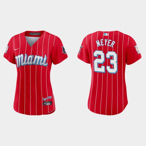 Miami Miami Marlins #23 Max Meyer Women’s Nike 2021 City Connect Authentic MLB Jersey Red Womens->women mlb jersey->Women Jersey