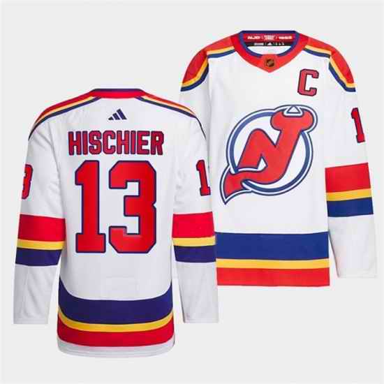 Men New Jersey Devils #13 Nico Hischier White 2022 23 Reverse Retro Stitched Jersey