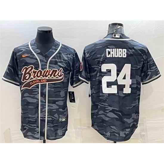 Men Cleveland Browns #24 Nick Chubb Grey Camo With Patch Cool Base Stitched Baseball Jersey->cleveland browns->NFL Jersey