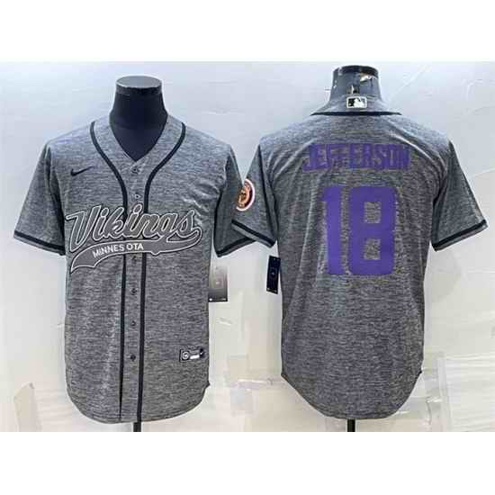 Men Minnesota Vikings #18 Justin Jefferson Grey With Patch Cool Base Stitched Baseball Jersey->minnesota vikings->NFL Jersey