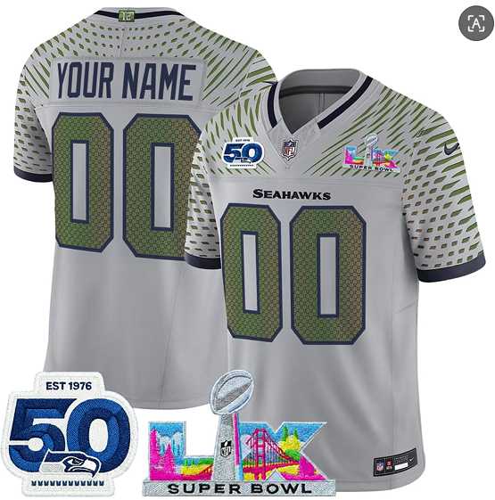 Mens Seattle Seahawks Active Player Custom Gray 2025 F.U.S.E. Super Bowl LX Patch And 50th Season Patch Rivalries Vapor Limited Stitched Jersey