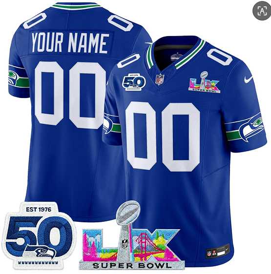 Mens Seattle Seahawks Active Player Custom Royal 2025 F.U.S.E. Super Bowl LX Patch And 50th Season Patch Vapor Throwback Limited Stitched Jersey