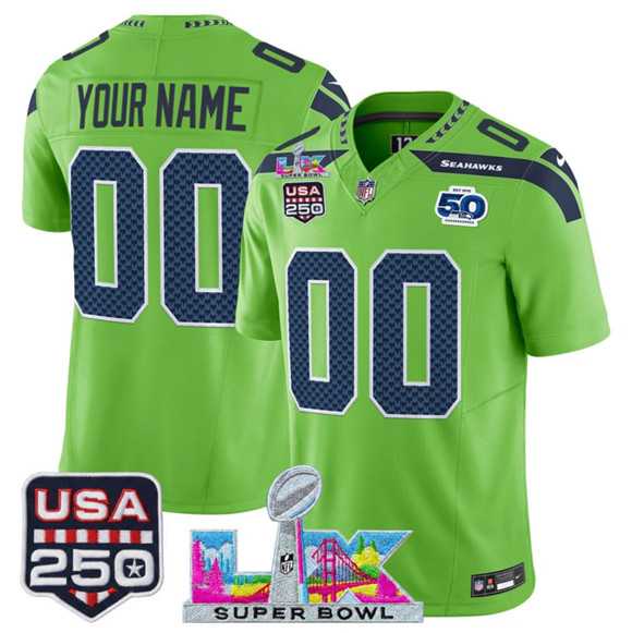 Mens Seattle Seahawks Active Player Custom Green 2025 F.U.S.E. Super Bowl LX & US 250th anniversary Patch And 50th Season Patch Vapor Limited Stitched Jersey