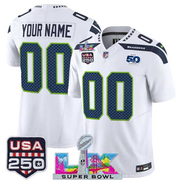 Mens Seattle Seahawks Active Player Custom White 2025 F.U.S.E. Super Bowl LX & US 250th anniversary Patch And 50th Season Patch Vapor Limited Stitched Jersey