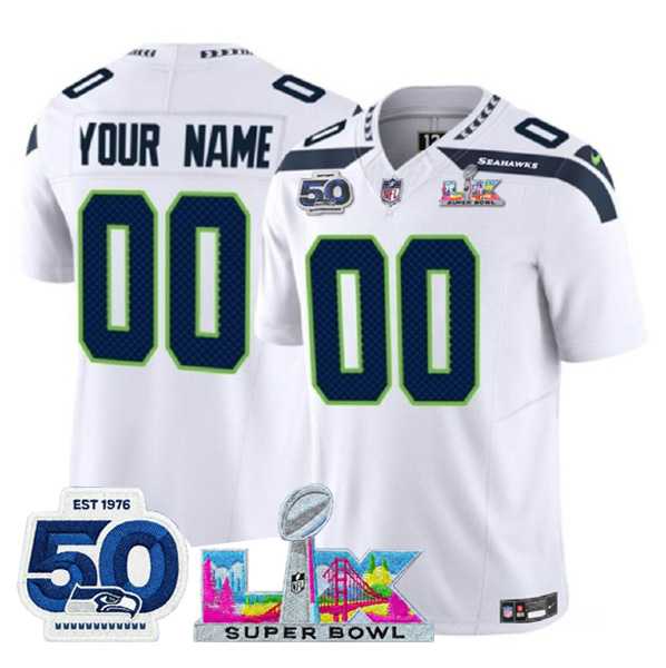 Mens Seattle Seahawks Active Player Custom White 2025 F.U.S.E. Super Bowl LX Patch And 50th Season Patch Vapor Limited Stitched Jersey