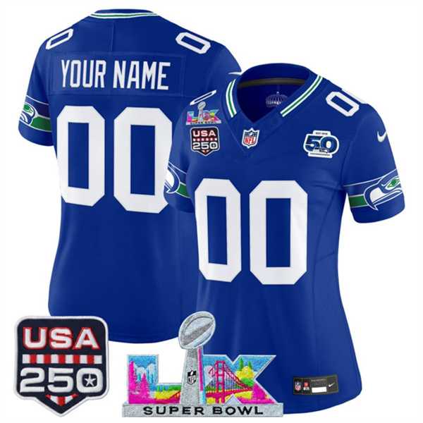 Womens Seattle Seahawks Active Player Custom Royal 2025 F.U.S.E. Super Bowl LX Patch And 50th Season & USA 250 Patch Vapor Throwback Limited Stitched Jersey