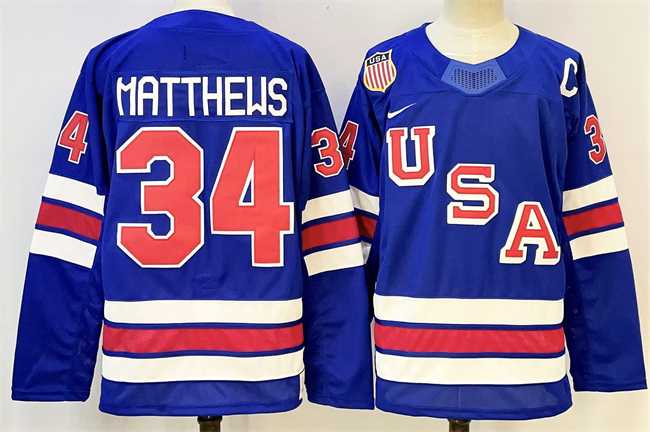 Mens USA #34 Auston Matthews Royal 2025-2026 With C Patch Stitched Jersey