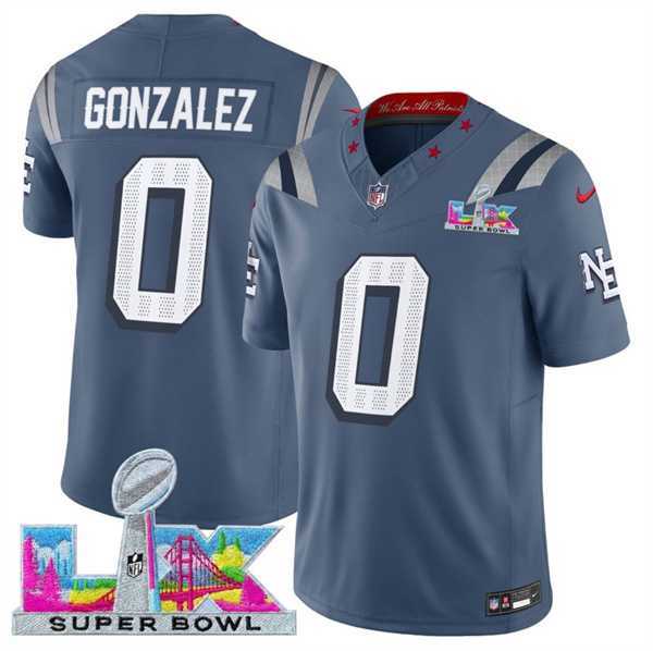 Mens New England Patriots #0 Christian Gonzalez Storm Blue 2025 F.U.S.E. Super Bowl LX Patch Rivalries Vapor Limited Stitched Jersey