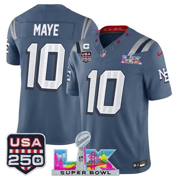 Mens New England Patriots #10 Drake Maye Storm Blue 2025 F.U.S.E. 1-Star C Patch And Super Bowl LX Patch & USA 250 Patch Rivalries Vapor Limited Stitched Jersey