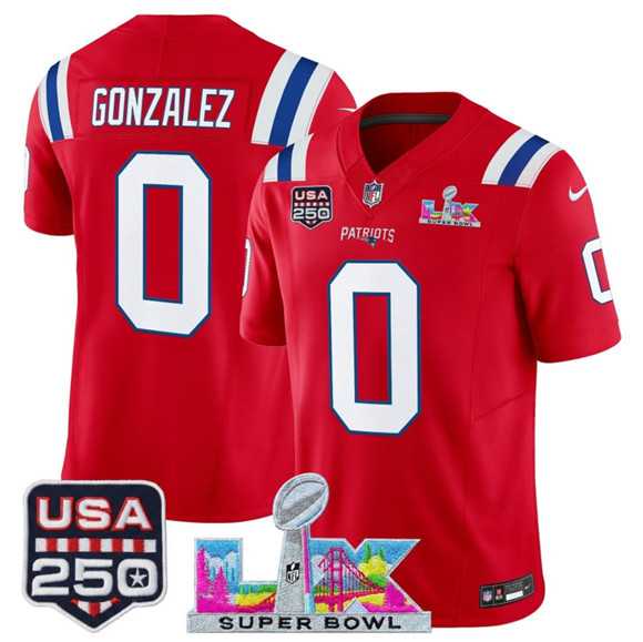 Mens New England Patriots #0 Christian Gonzalez Red 2025 F.U.S.E. Super Bowl LX Patch And USA 250 Patch Vapor Limited Stitched Jersey