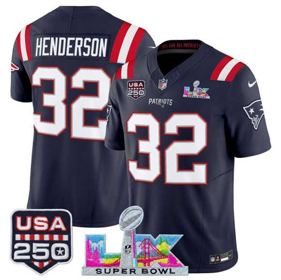 Mens New England Patriots #32 TreVeyon Henderson Navy 2025 F.U.S.E. Super Bowl LX Patch And USA 250 Patch Vapor Limited Stitched Jersey