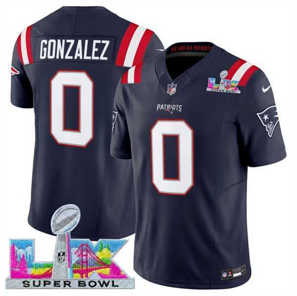 Mens New England Patriots #0 Christian Gonzalez Navy 2025 F.U.S.E. Super Bowl LX Patch Vapor Limited Stitched Jersey