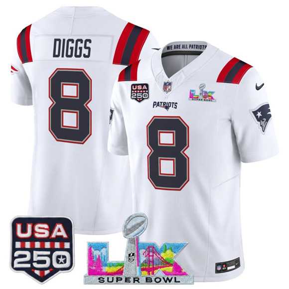 Mens New England Patriots #8 Stefon Diggs White 2025 F.U.S.E. Super Bowl LX Patch And USA 250 Patch Vapor Limited Stitched Jersey