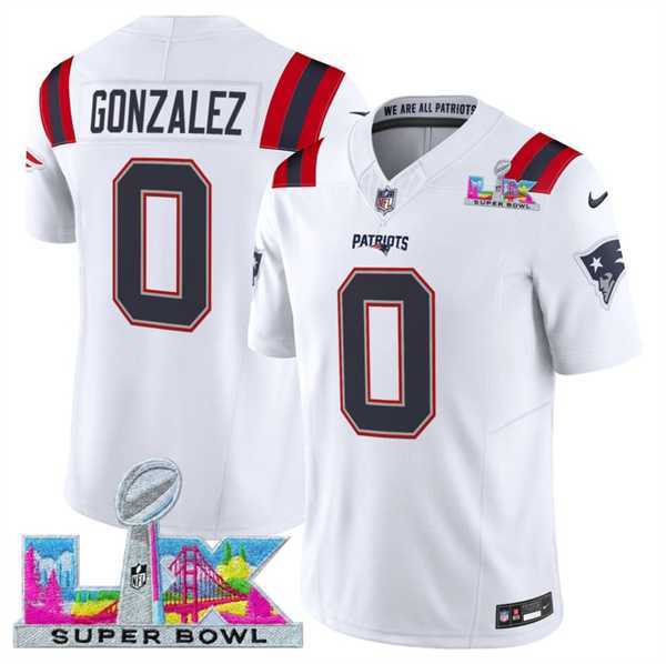 Mens New England Patriots #0 Christian Gonzalez White 2025 F.U.S.E. Super Bowl LX Patch Vapor Limited Stitched Jersey