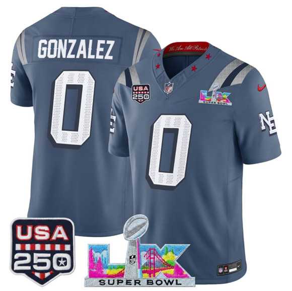 Mens New England Patriots #0 Christian Gonzalez Storm Blue 2025 F.U.S.E. Super Bowl LX & USA 250 Patch Rivalries Vapor Limited Stitched Jersey