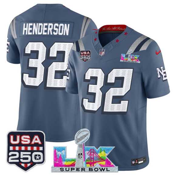 Mens New England Patriots #32 TreVeyon Henderson Storm Blue 2025 F.U.S.E. Super Bowl LX & USA 250 Patch Rivalries Vapor Limited Stitched Jersey
