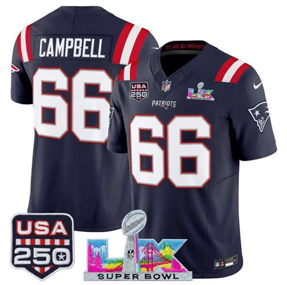 Mens New England Patriots #66 Will Campbell Navy 2025 F.U.S.E. Super Bowl LX Patch And USA 250 Patch Vapor Limited Stitched Jersey
