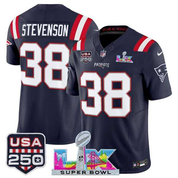 Mens New England Patriots #38 Rhamondre Stevenson Navy 2025 F.U.S.E. Super Bowl LX Patch And USA 250 Patch Vapor Limited Stitched Jersey
