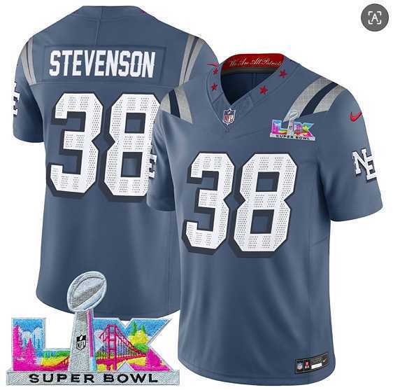 Mens New England Patriots #38 Rhamondre Stevenson Storm Blue 2025 F.U.S.E. Super Bowl LX Patch Rivalries Vapor Limited Stitched Jersey
