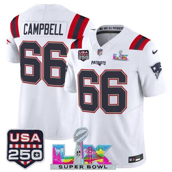 Mens New England Patriots #66 Will Campbell White 2025 F.U.S.E. Super Bowl LX Patch And USA 250 Patch Vapor Limited Stitched Jersey