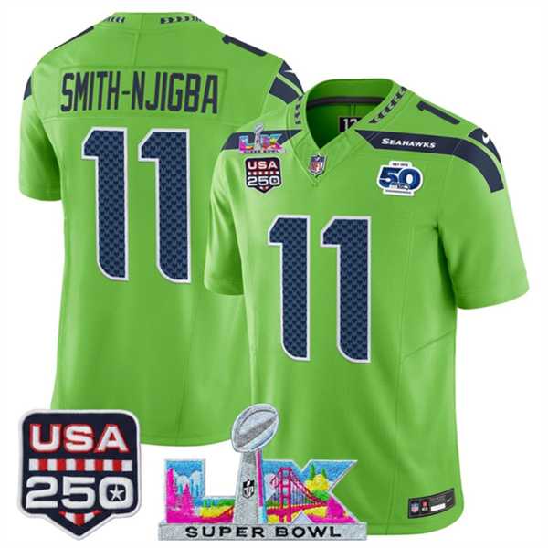 Mens Seattle Seahawks #11 Jaxon Smith-Njigba Green 2025 F.U.S.E. Super Bowl LX Patch And 50th Season & USA 250 Patch Vapor Limited Stitched Jersey