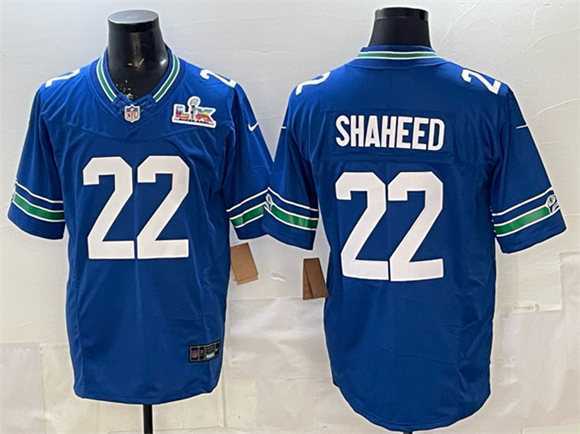 Mens Seattle Seahawks #22 Rashid Shaheed Royal 2025 F.U.S.E. Super Bowl LX Patch Vapor Throwback Limited Stitched Jersey