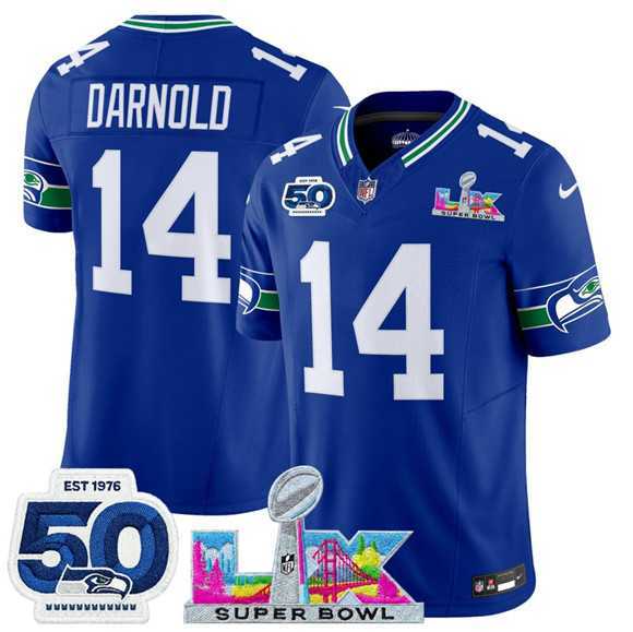 Mens Seattle Seahawks #14 Sam Darnold Royal 2025 F.U.S.E. Super Bowl LX Patch And 50th Season Patch Vapor Throwback Limited Stitched Jersey