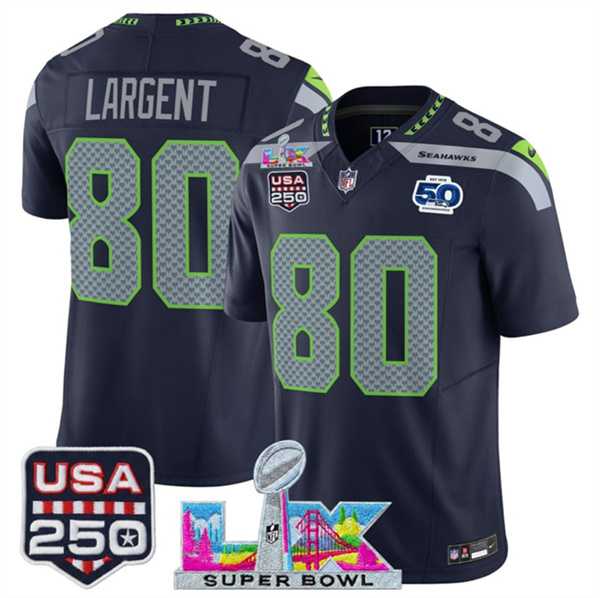 Mens Seattle Seahawks #80 Steve Largent Navy 2025 F.U.S.E. Super Bowl LX Patch And 50th Season & USA 250 Patch Vapor Limited Stitched Jersey