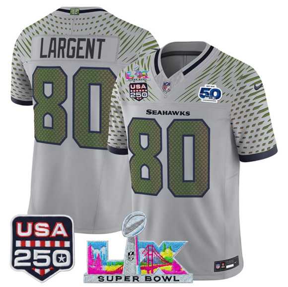 Mens Seattle Seahawks #80 Steve Largent Gray 2025 F.U.S.E. Super Bowl LX & US 250th anniversary Patch And 50th Season Patch Rivalries Vapor Limited Stitched Jersey