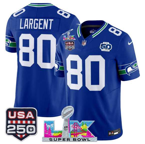 Mens Seattle Seahawks #80 Steve Largent Royal 2025 F.U.S.E. Super Bowl LX Patch And 50th Season & USA 250 Patch Vapor Throwback Limited Stitched Jersey