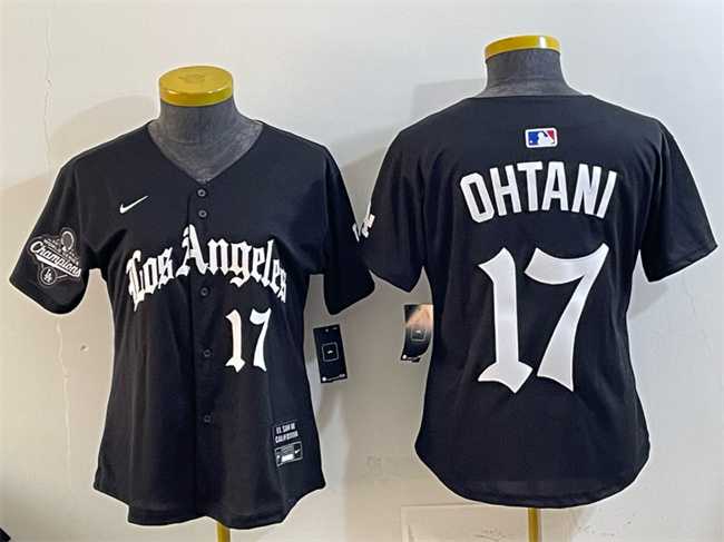 Womens Los Angeles Dodgers #17 Shohei Ohtani Black 2025 World Series Champions LA Gothic Edition Limited Stitched Jersey Dzhi