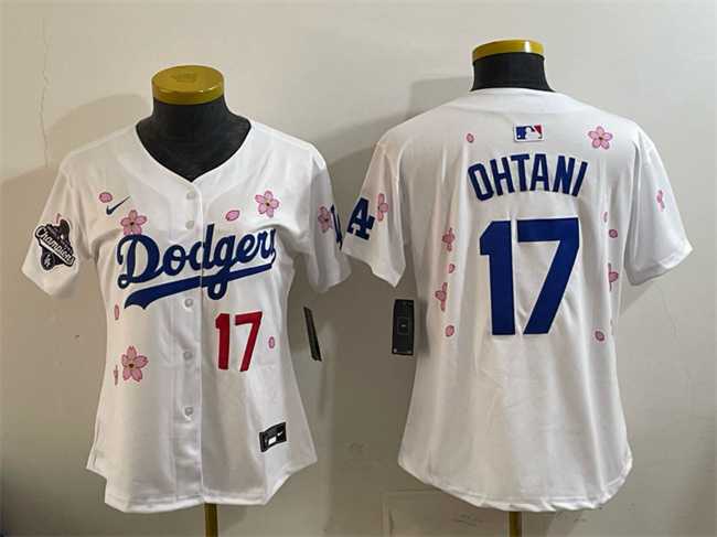 Womens Los Angeles Dodgers #17 Shohei Ohtani White 2025 World Series Champions Patch Tokyo Series Limited Stitched Jersey Dzhi