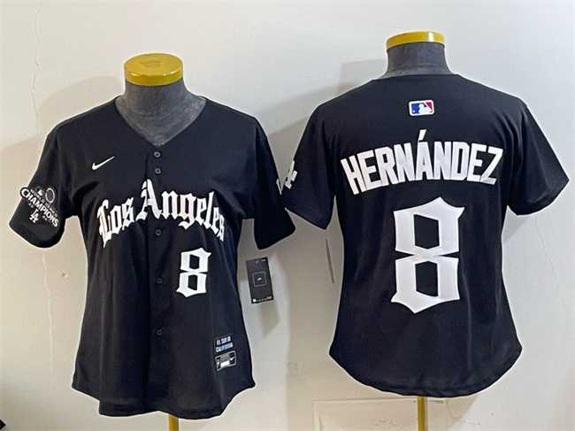 Womens Los Angeles Dodgers #8 Enrique Hernandez Black 2025 World Series Champions LA Gothic Edition Limited Stitched Jersey Dzhi