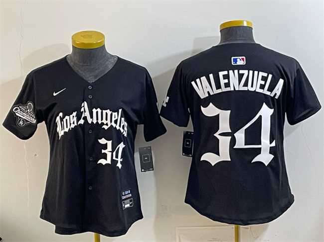 Womens Los Angeles Dodgers #34 Fernando Valenzuela Black 2025 World Series Champions LA Gothic Edition Limited Stitched Jersey Dzhi