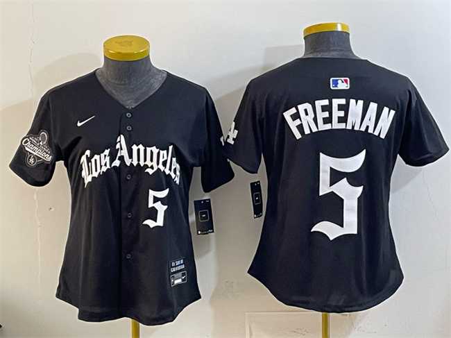 Womens Los Angeles Dodgers #5 Freddie Freeman Black 2025 World Series Champions LA Gothic Edition Limited Stitched Jersey Dzhi