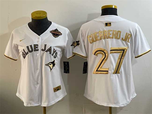 Womens Toronto Blue Jays #27 Vladimir Guerrero Jr. White Gold 2025 American League Champions Limited Stitched Jersey Dzhi