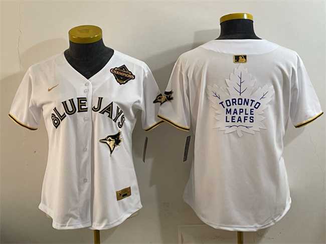 Womens Toronto Blue Jays & Leafs White Gold 2025 American League Champions With White Leafs Logo Limited Stitched Jersey Dzhi