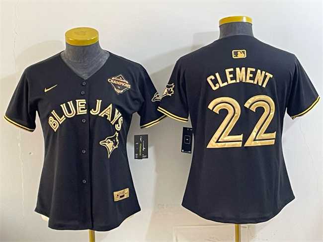 Womens Toronto Blue Jays #22 Ernie Clement Black Gold 2025 American League Champions Limited Stitched Jersey Dzhi