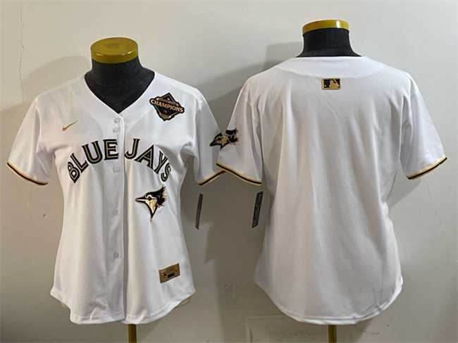 Womens Toronto Blue Jays Blank White Gold 2025 American League Champions Limited Stitched Jersey Dzhi