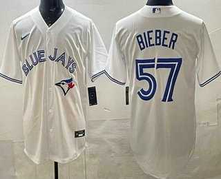Mens Toronto Blue Jays #57 Shane Bieber White Cool Base Jersey