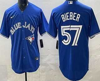 Mens Toronto Blue Jays #57 Shane Bieber Blue Cool Base Jersey