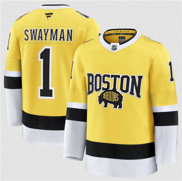 Mens Boston Bruins #1 Jeremy Swayman Gold 2026 Stadium Series Stitched Jersey Dzhi