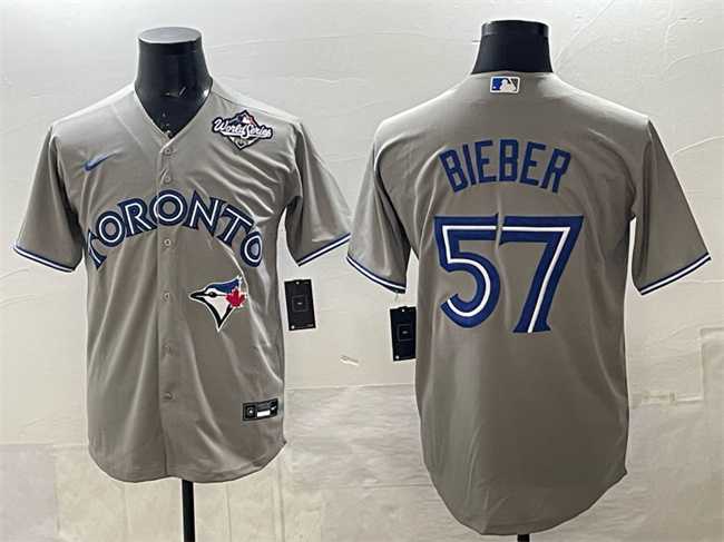 Mens Toronto Blue Jays #57 Shane Bieber Grey 2025 World Series Cool Base Stitched Jersey