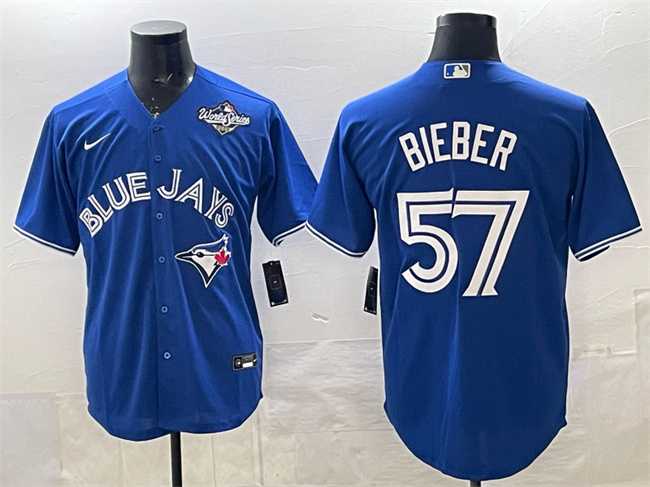 Mens Toronto Blue Jays #57 Shane Bieber Royal 2025 World Series Cool Base Stitched Jersey