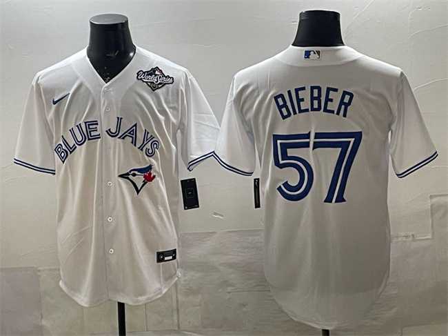 Mens Toronto Blue Jays #57 Shane Bieber White 2025 World Series Home Cool Base Stitched Jersey