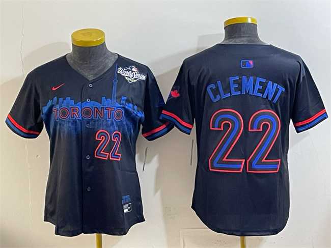 Womens Toronto Blue Jays #22 Ernie Clement Navy 2025 World Series City Connect Limited Stitched Jersey(Run Small)