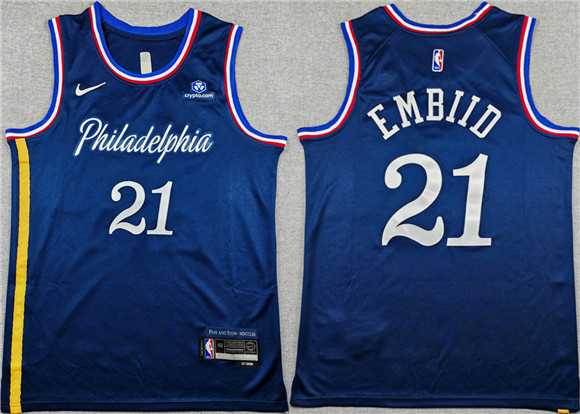 Mens Philadelphia 76ers #21 Joel Embiid Navy 2025-26 City Edition Stitched Jersey