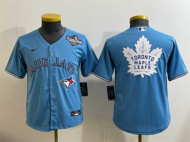 Youth Toronto Blue Jays & Leafs Blue 2025 World Series With White Leafs Logo Cool Base Stitched Baseball Jersey