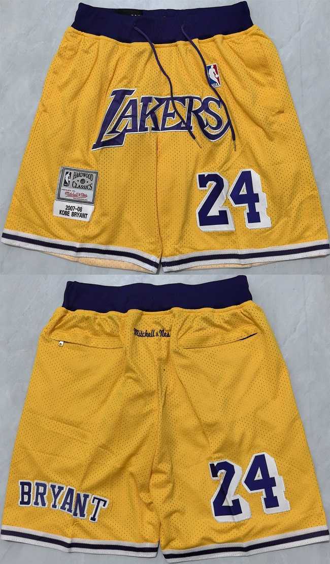 Mens Los Angeles Lakers #24 Kobe Bryant Yellow Shorts (Run Small)